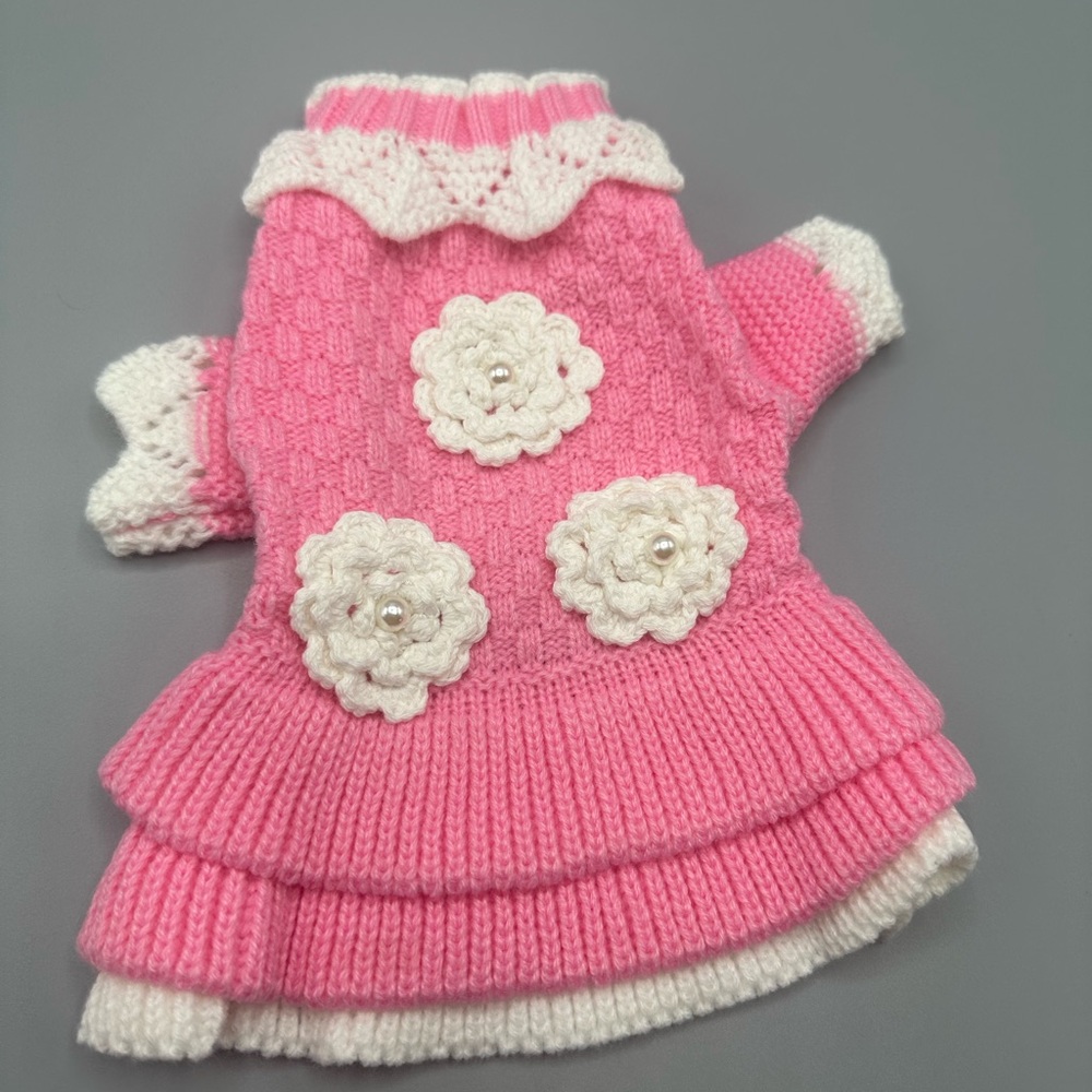 Pink and White Knitted Dog Sweater extra small size